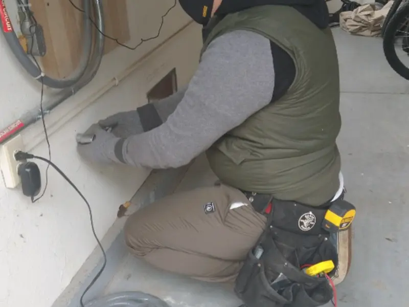 Electrician performing outlet wiring in a Raleigh garage